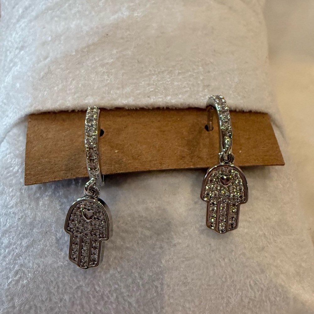Stainless Steel CZ Hamsa Hoop Earrings Silver-Tone Dangle Protection Charms NWT - Picture 6 of 8